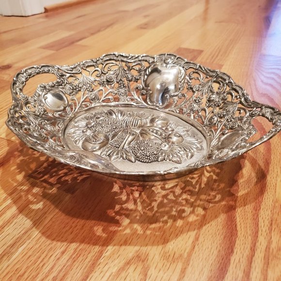 Mid-Century Vintage Handmade Nickel Bowl Raised Vegetable Design and Handles - Picture 8 of 9